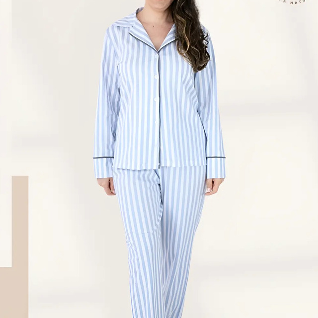 Pijama Americano Feminino Longo de Algodao Listrado