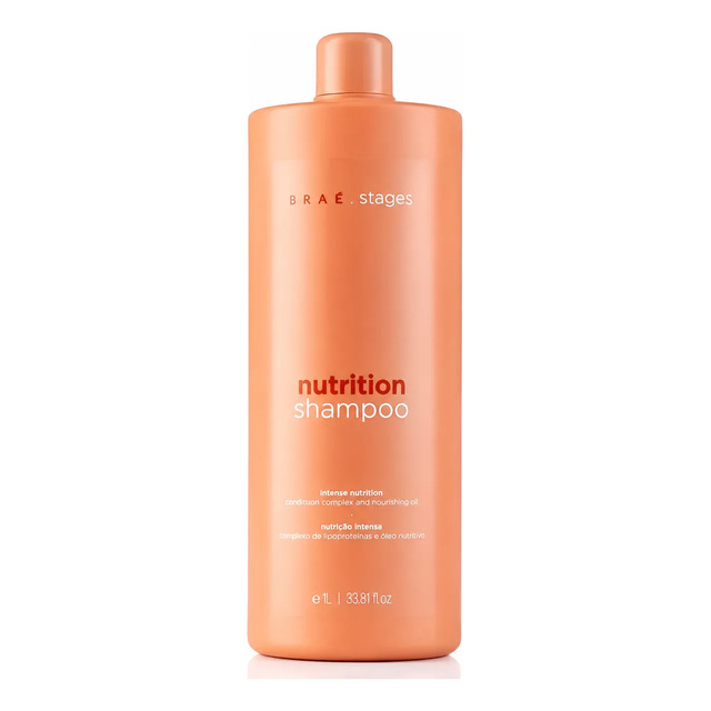 Frasco de shampoo Braé Stages Nutrition de 1 litro na cor pêssego com rótulo frontal contendo as informações do produto
