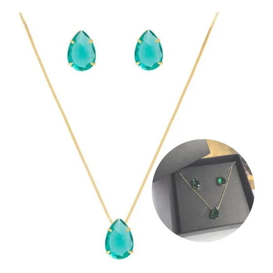 Conjunto Colar Brinco Gota Verde Folheado Ouro 18k Envi Full Cor Dourado