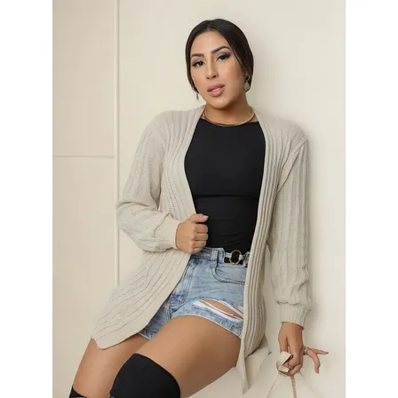 Cardigã Tricô Débora Manga Longa Trama Leve Canelada Fashion