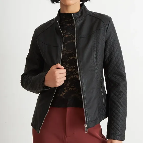 Chaqueta Ecocuero Acolchado Cuello Mao Negro Nicopoly