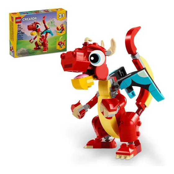 <p>LEGO® Creator 3 em 1 – Dragão Vermelho Criaturas Mitológicas, Seres Místicos, Peixes Coloridos, Brinquedos de Animais, Brinquedos para Meninos, Brinquedos para Crianças de 6 Anos 31145</p>