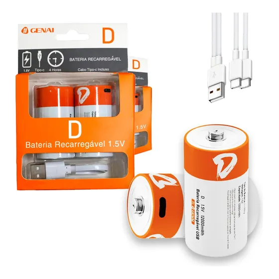 Kit 2 Bats 1.5v Recarregável D Li-poly Tipo-c Carga Rápida