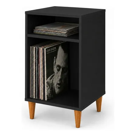 Nicho Para Discos De Vinil Lps Mdf Preto Com Pé De Madeira Preto