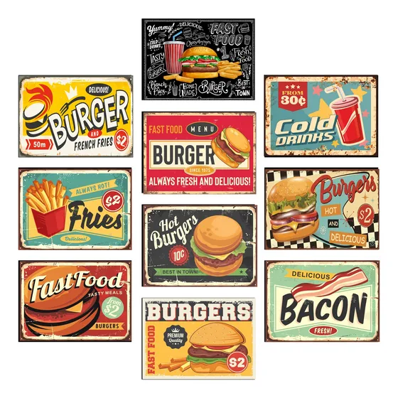 Kit 10 Quadros Hamburgueria Lanchonete Retro Lanche 21x15cm
