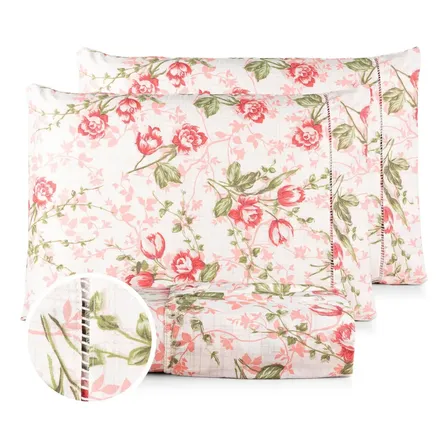 Jogo Lençol Casal 3pç 400 Fios Hipercal Conforto Macio Florido Rosa Com Verde Estampado