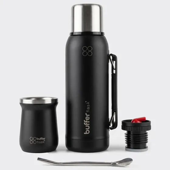 Termo Mate Set 1 Litro Buffer Acero Inox Kit Matero Bombilla Pack 2 Tapas Black