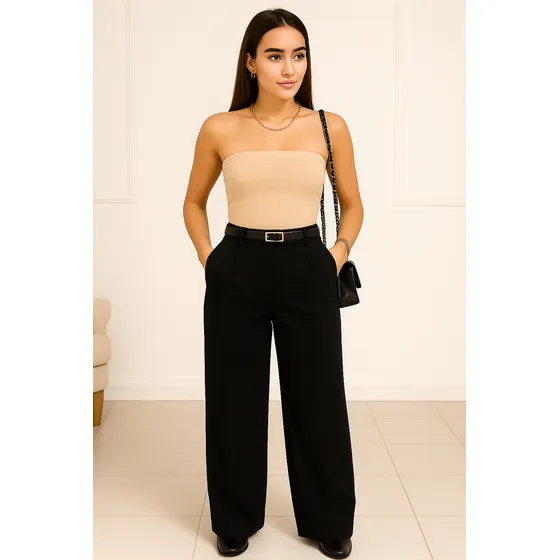 Calça Feminina Pantalona Alfaiataria Cintura Alta Com Cinto