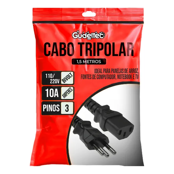 Cabo De Força Tripolar 3 Pinos Padrão Brasileiro 10a 127/220v Serve Panela De Arroz, Fonte Pc/notebook,impressoras - Gudeltec
