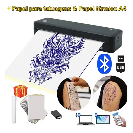 Impressora E De Tatuagem A4 2en1 Bluetooth Usb Portátil Impressora Para Decalque Tatuagem Tatto Ios Android Windows App... Preto