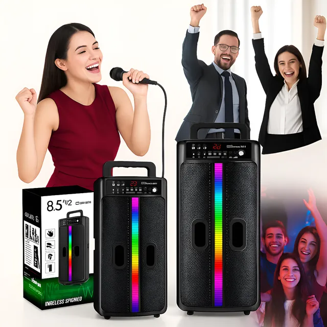 Parlante Bluetooth Portátil 8.5'' Doble Woofer Micrófono Led Negro
