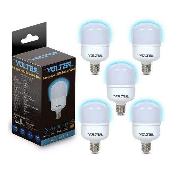 Kit 5 Lâmpada Led Bulbo 50w Volter Alta Potência 6500k Cor Da Luz Branco-frio 127/220v E27