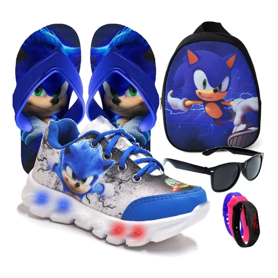 Kit Tenis Infantil Sonic Led Mochila Chinelo Ocúlos Relógio