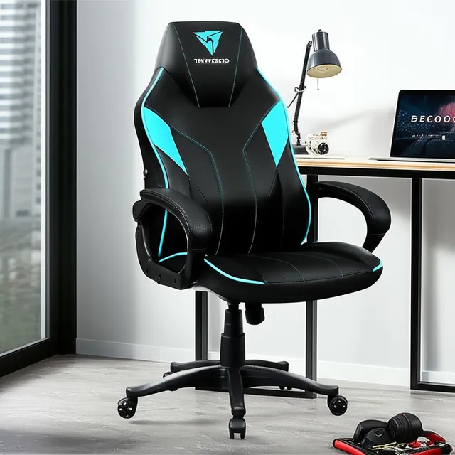 SILLA DE ESCRITORIO THUNDERX3 EC1 GAMER ERGONÓMICA NEGRA Y CYAN CON TAPIZADO DE CUERO SINTÉTICO