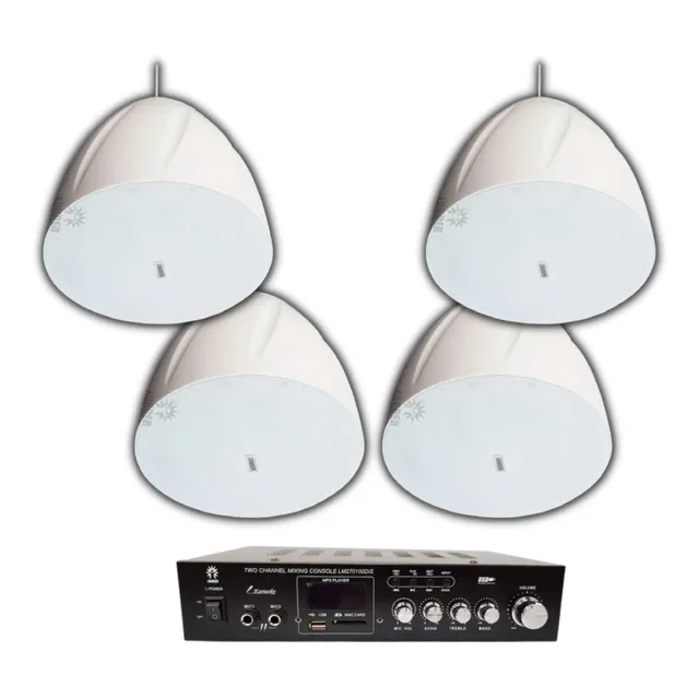 Kit Amplificador Y 4 Bocinas Colgantes Sonido Ambiental