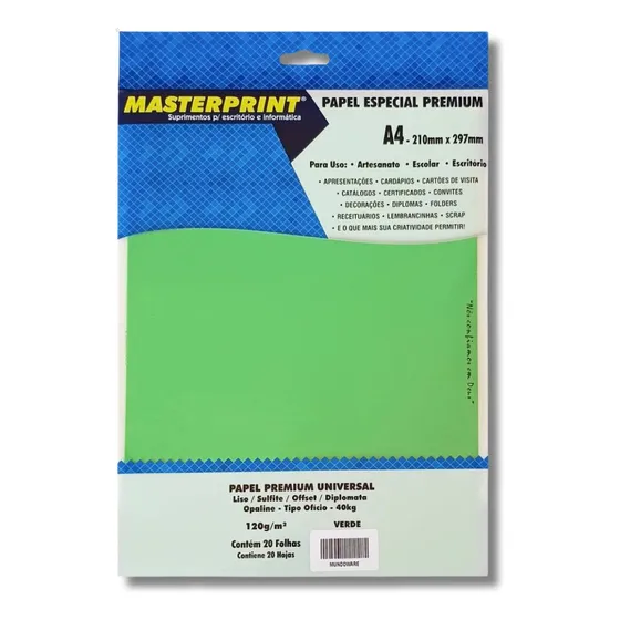 Papel Color Liso Sulfite A4 120g Verde 20 Folhas Masterprint