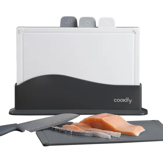 Set de 4 Tablas de Picar Cookify con Base y Señaladores de Colores para Prevenir Contaminación Cruzada. Antideslizantes, Libre de BPA. Perfectas para Carne, Pescado, Verduras y Frutas.