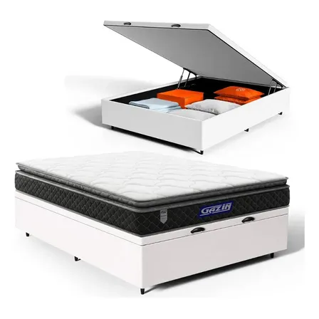 Box Baú + Colchão Gazin De Espuma Pillow Top Ortoblack Casal Branco