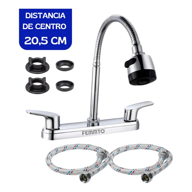 grifo mezcladora doble comando cromado plateado cuello flexible para cocina y fregadero Femmto GRC16