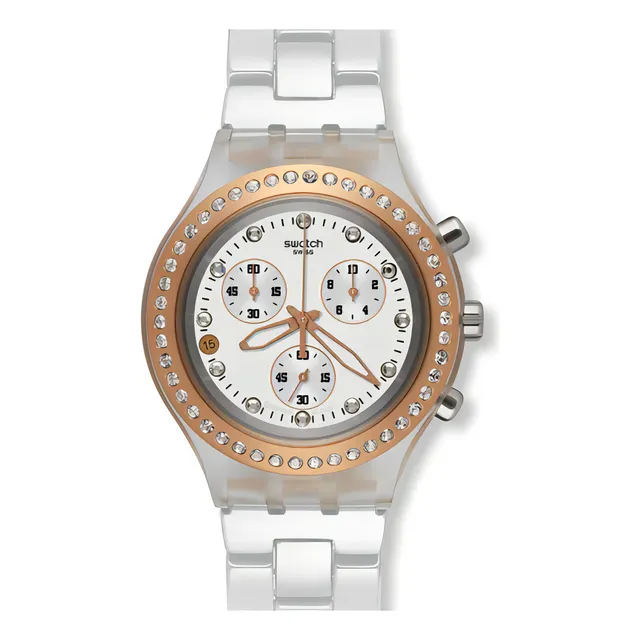 Reloj Swatch Svck4067ag Blooded Marvelous Pink Color De La Malla Blanco Color Del Bisel Amarillo Color Del Fondo Blanco
