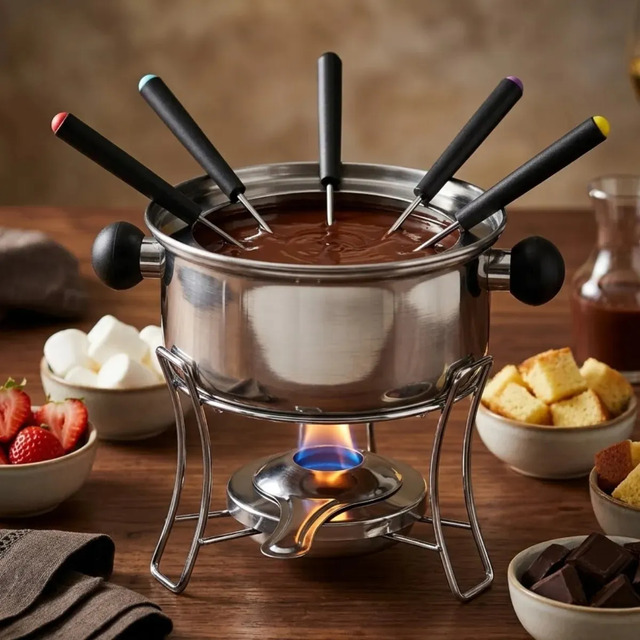 Kit Fondue Jogo De Panela Para Fondue 6 Pessoas Chocolate Ou Queijo 10 Peças 1l Inox Inver...