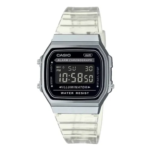 Reloj Casio Retro A168xes Oficial Original Color De La Correa Transparente Color Del Bisel Plateado