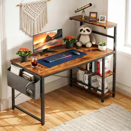 Furrific® Escritorio Oficina Con Estantería 4 Niveles Computadora Mesa Mesa Para Oficina Estudio Escritorio Para Computadora Con Bolsillo Lateral 112.5 X 50 X 113.5 Cm