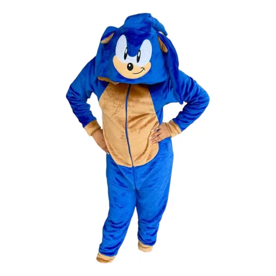 Pijama Kigurumi Mameluco Sonic Infantil Gorro Bordado