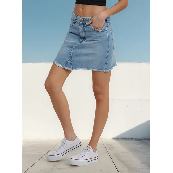 Pollera Onyx Mini Jeans Rigida Localizada Deflecada Mujer