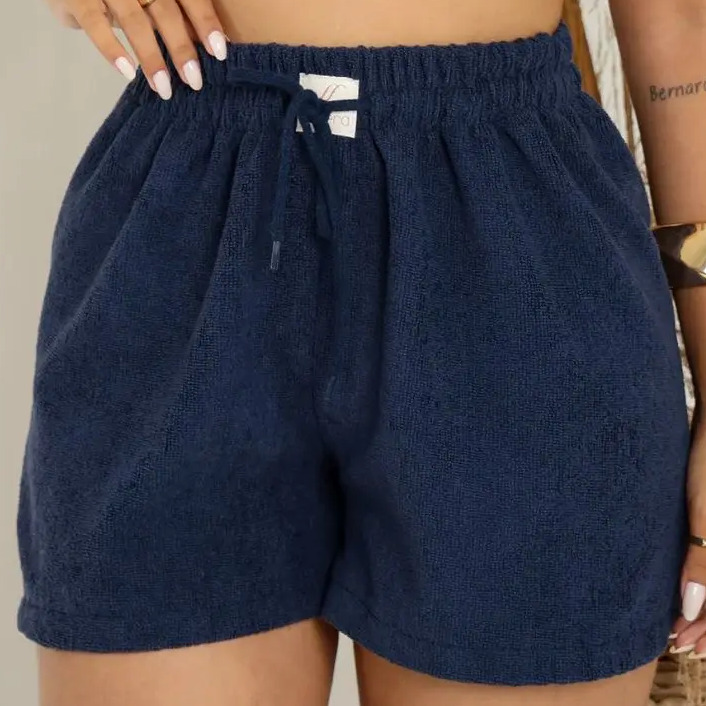 Short Atoalhado Casual Saida De Praia Piscina Verão Luxo Azul-marinho Lisa G