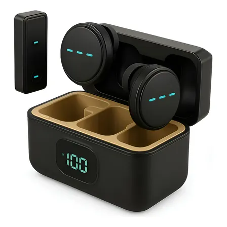 Microfone Lapela Redondo Sem Fio Tipo-c Duplo Anti Ruído P/ Android E iPhone 15 16 17 Com Caixinha Para Carregamento Cor Preto Nixzen