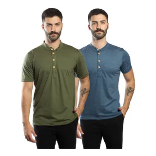 Kit 2 Camisas Henley Gola Padre Slim Masculina Kit 2 Camisas Henley Gola Padre Slim Masculina