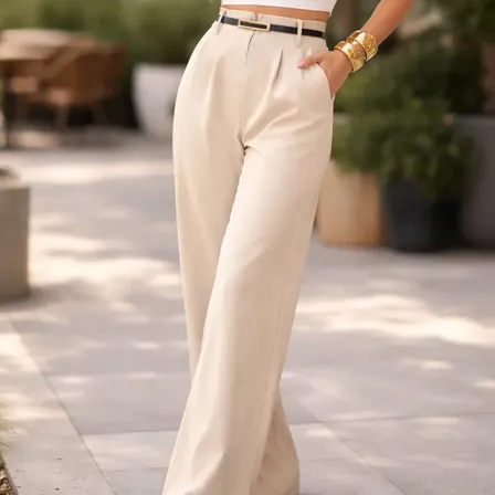 Calça Pantalona Social Cintura Alta Alfaiataria Ziper Cinto Bege M