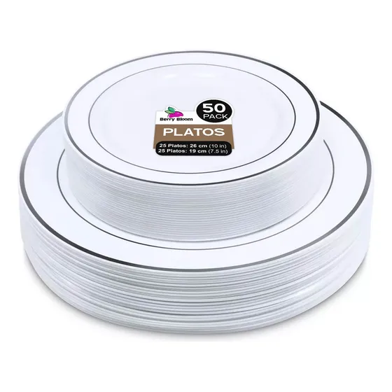 Platos Circulares Elegantes Reutilizables 50 piezas, Aspecto de Porcelana, Ideal para Bodas, Fiestas, Resistente y Duradero (25 platos de 19 cm/25 platos de 26 cm)