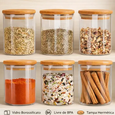 Kit 6 Potes De Vidro Herméticos Com Tampa De Bambu De 200ml Para Mantimentos Alimentos Grãos Café Massas Cereais Cozinha Com Vedação Hermética Vidro Borossilicato Livre Bpa Transparente