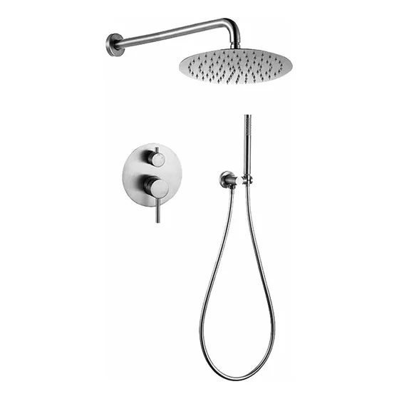 Regadera De Baño Redonda Con Sistema Interno Solana Modelo Nilo Niquel / Salida De Agua Superior Modo Lluvia Y Regadera De Mano / Sistema Monomando