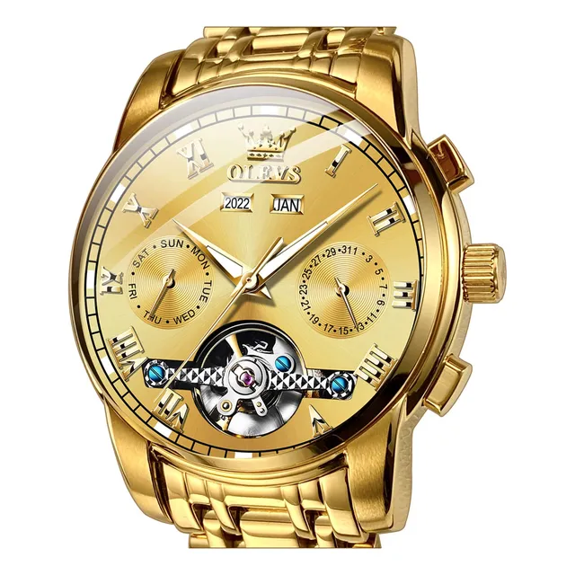 Olevs Relojes De Oro Para Hombres Giratorio Mecánico R4wh2