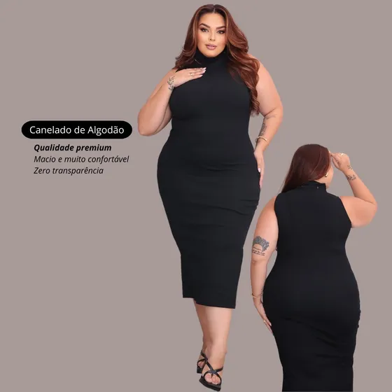 Vestido Plus Size Feminino Sem Manga Gola Alta Com Fenda