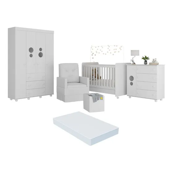 Quarto Completo com Colchão, Poltrona de Amamentação e Puff Pimpolho Multimóveis MP4109 Cor Branco