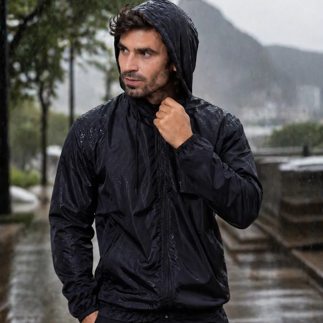 Jaqueta Corta Vento Masculina Impermeável Capuz Zíper Bolso Preto G Liso
