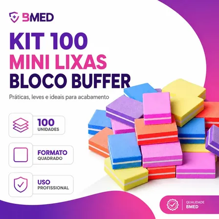 Kit 100 Mini Lixas Bloco Buffer Quadrada Polidora Manicure BMED