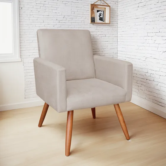 Poltrona Decorativa Nina Suede Bege Com Encosto Alto