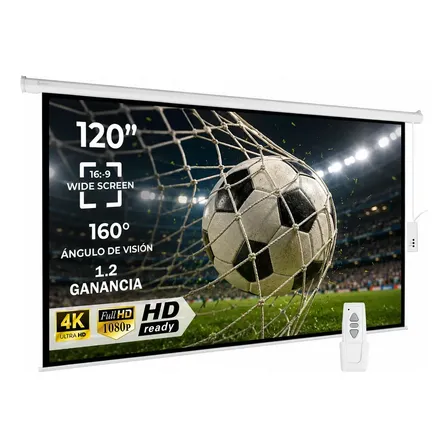 Pantalla Para Proyector 120 Pulgadas Formato 16:9 Hd Wide Screen Retráctil Electrica Lona Black Out Blanca Empotrable A La Pared Ganancia 1.2 Ángulo 160° Audiotek Compatible Cualquier Proyector