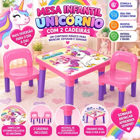 Mesa Infantil Unicórnio Com 2 Cadeiras Kit Para Crianças Rosa/rosa Chiclete/roxo
