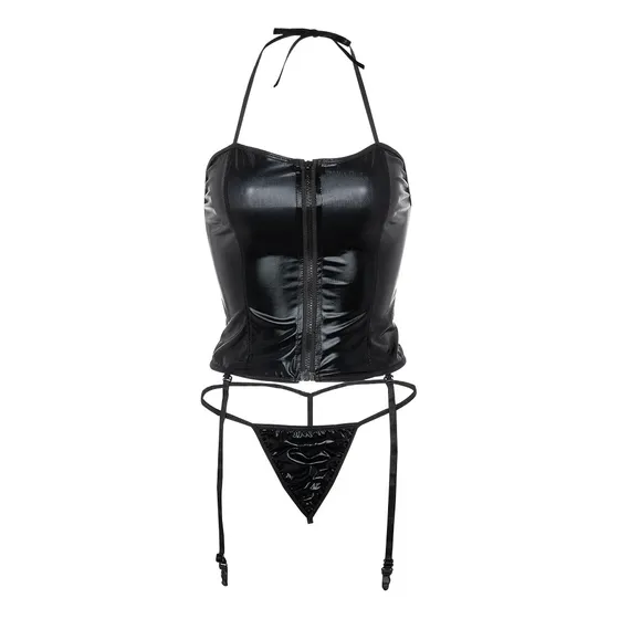 Nuevo Body De Cuero Con Cremallera Para Mujer Y Liguero
