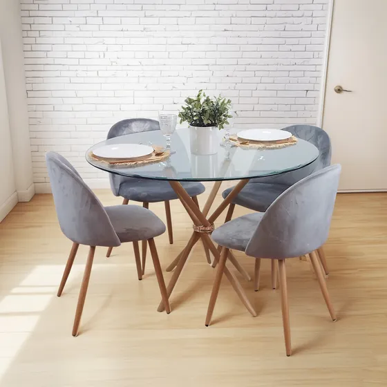 Juego Comedor Mesa Redonda  Vidrio  90 + 4 Sillas Pana Haya Haya Liso