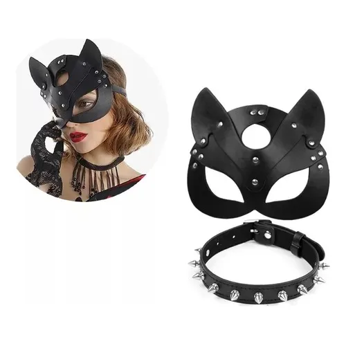 Máscara De Zorro De Cuero + Collar Puntas Gatita