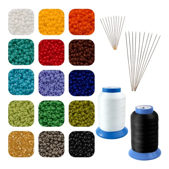 Kit De Mostacilla 15 Colores + 2 Hilos + Agujas
