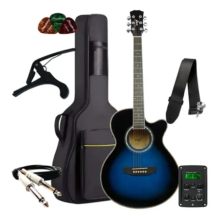 Kit Violão Elétrico Bravo Music Tf200 Com Afinador Aço + Acessórios Completo Cor Blue Burst Material Do Diapasão Padrão Orientação Da Mão Destro Blue Burst Kit