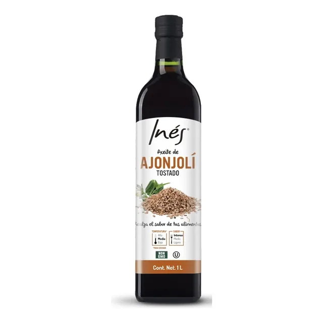 Aceite De Ajonjolí Tostado 1 LT Inés, Sin Gluten Cocina Omega 6 Vitamina E Antioxidante Organico omega 9